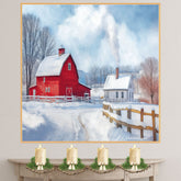 Christmas in the Country – Rustic Home with Red Barn and Snowfall on Ready to Hang 1.5" Thick Canvas Wrap, Floating Framed Canvas, Flat Rolled Canvas